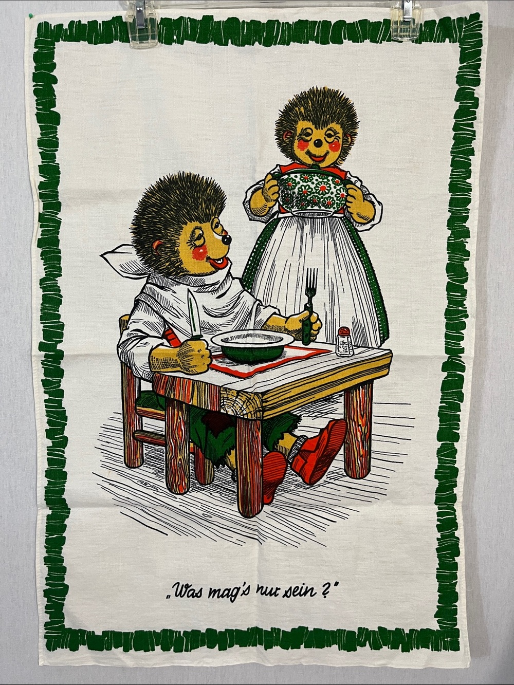 Vintage German Language Hedgehog Illustration Linen Tea Towel in Green